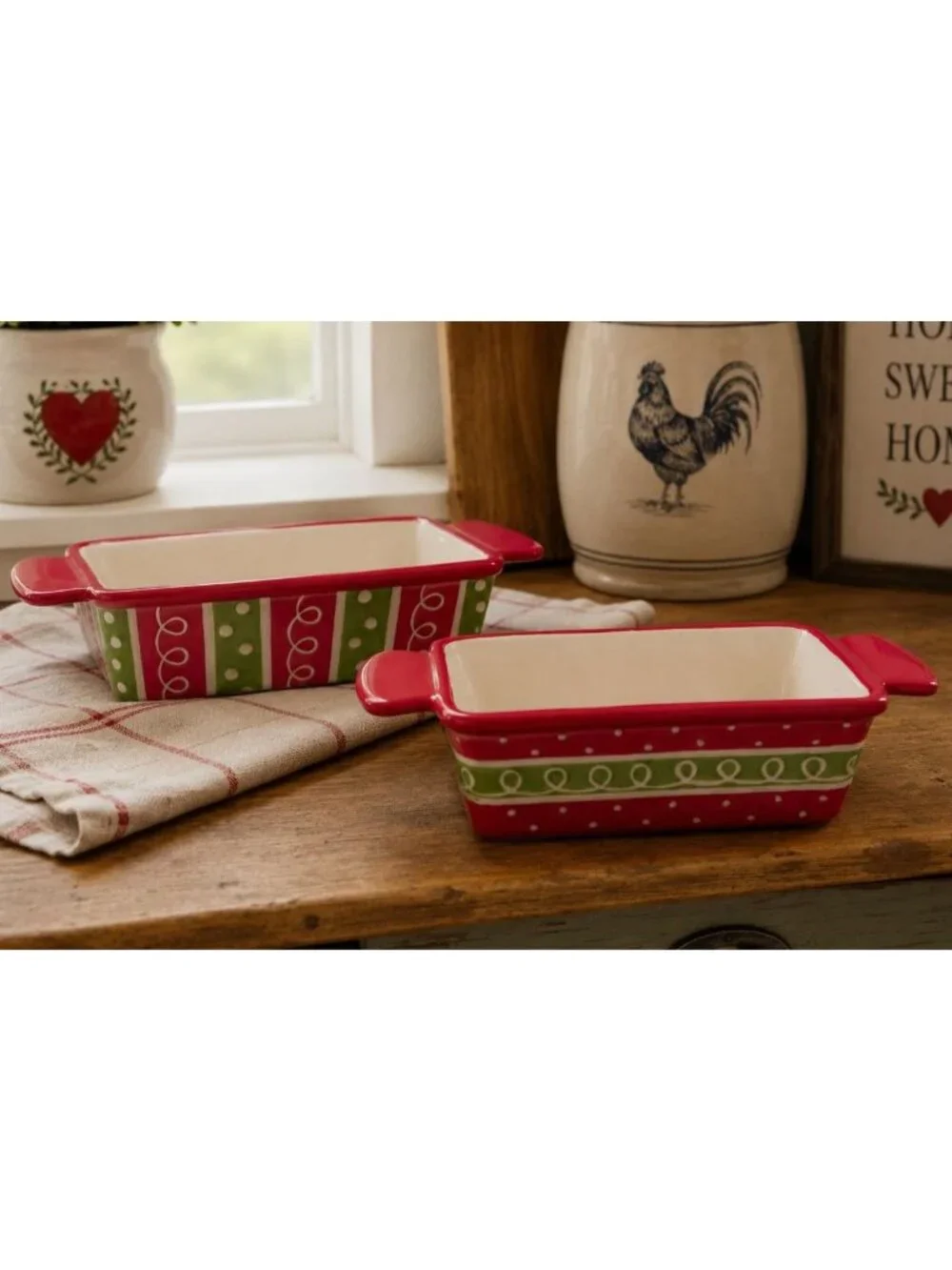Baking Loaf Pans Stoneware Burton + Burton Christmas Red Green Polka Dots NEW